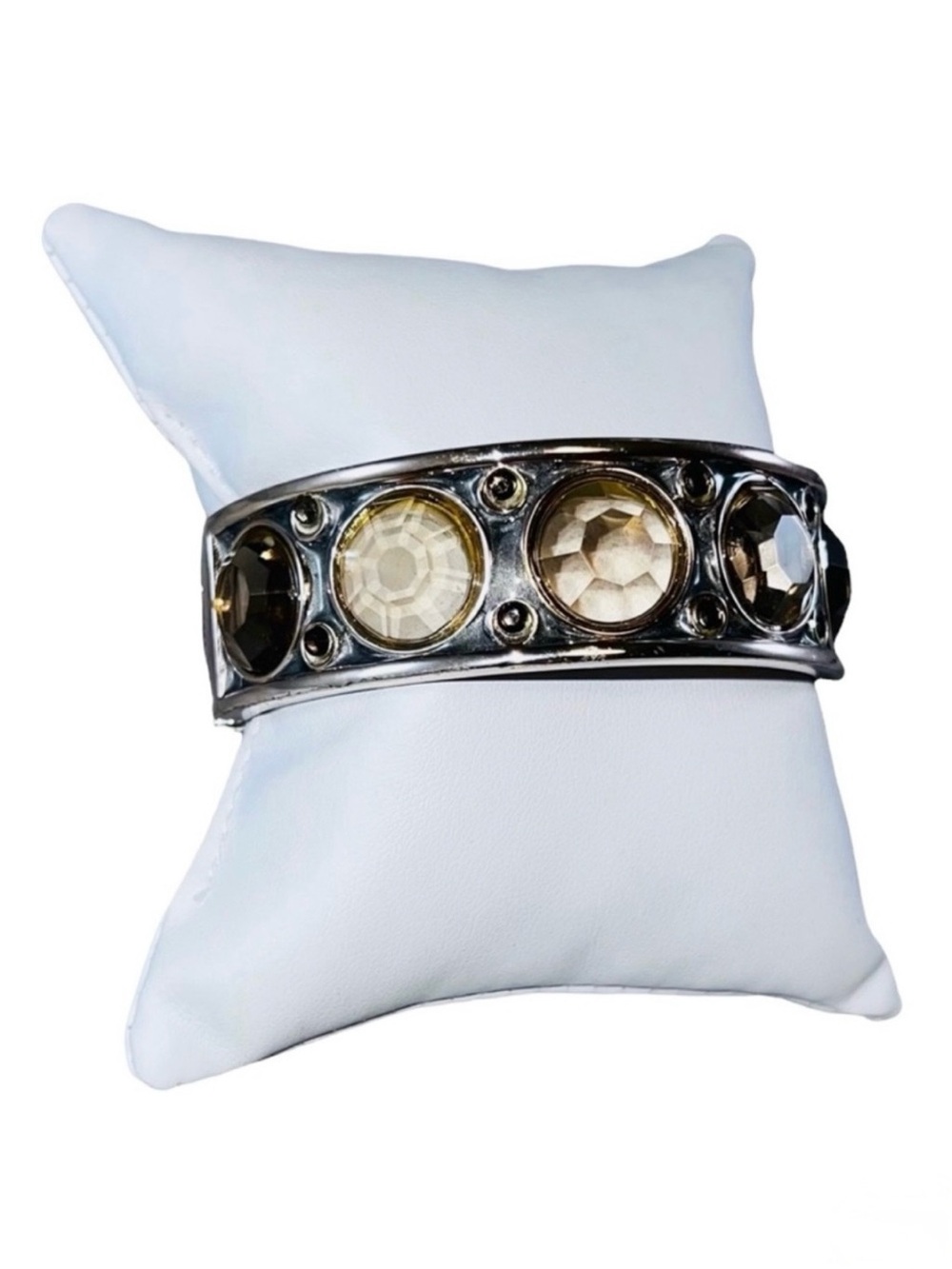 Vintage Silver Tone Glass Embellished Hinge Cuff Bracelet
